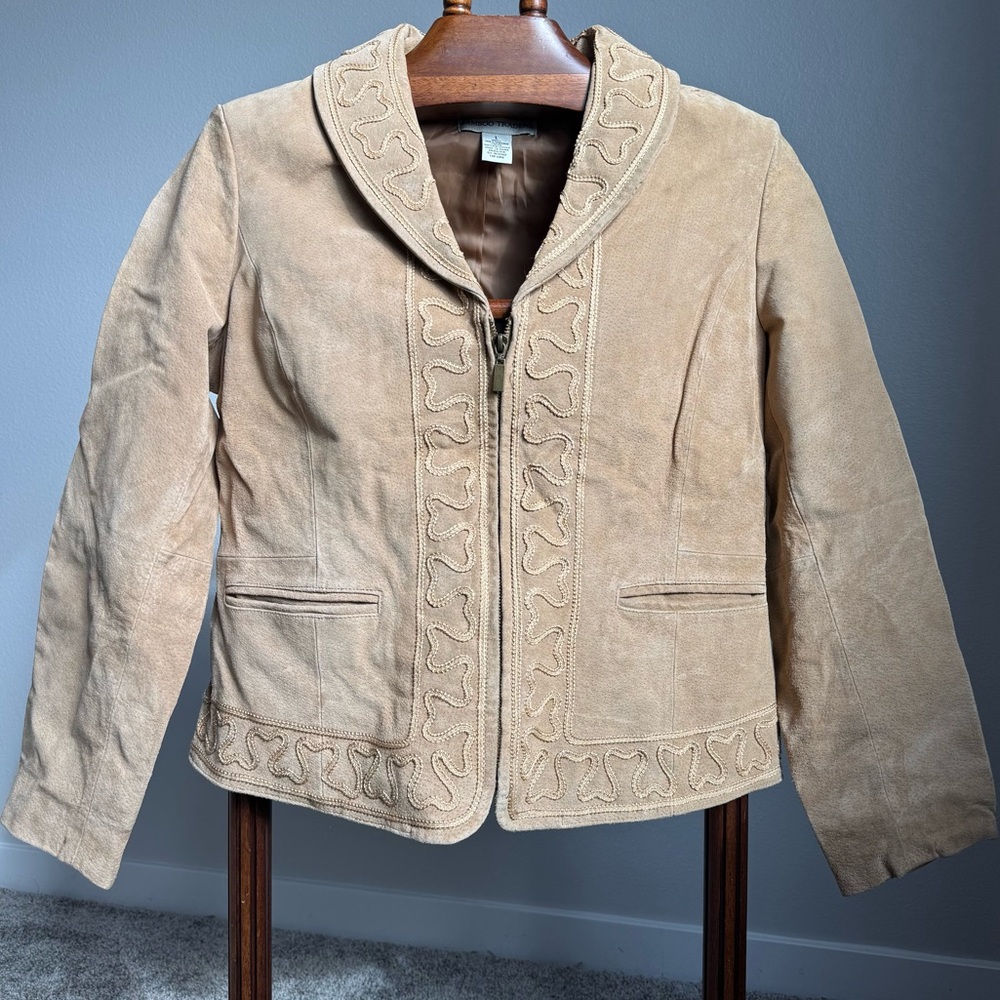 VTG 90s Leather Bamboo Traders Jacket Embroidered Size L Tan Suede Western